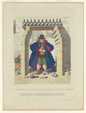 A man barricades himself in with a panoply of protections against the cholera epidemic, the latter represented as a hag; representing an overabundance of useless advice concerning protection against cholera. Coloured etching by J.B. Wunder, c. 1832.