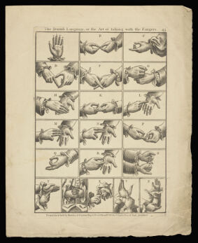 Hands showing the sign language alphabet. Line engraving.