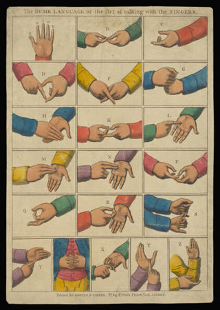 Hands showing the sign language alphabet. Coloured line engraving.