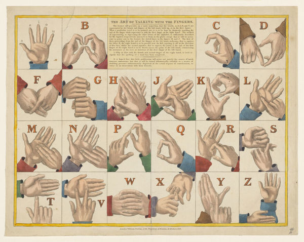 Hands showing the sign language alphabet. Coloured etching, ca. 1825.