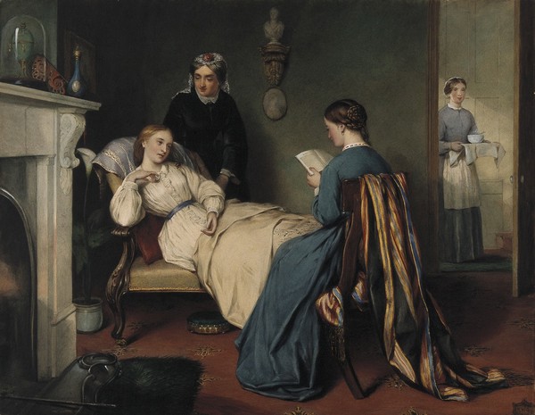 A girl reads to a convalescent while a nurse brings in the patient's medicine. Watercolour by R.H. Giles.
