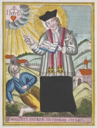 Saint Valentine blessing an epileptic. Coloured etching.