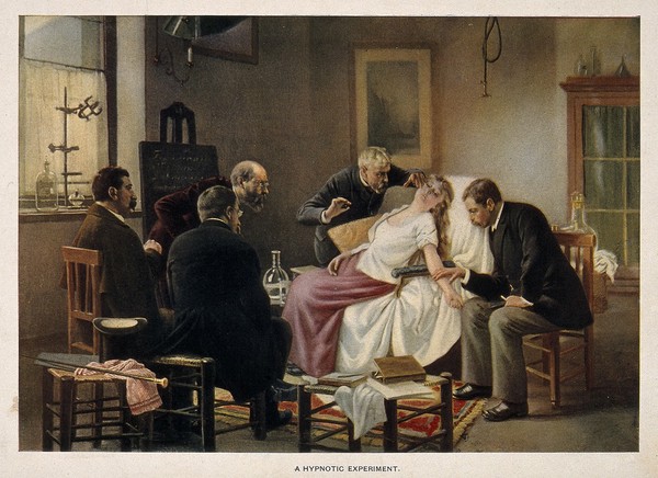 A female patient being hypnotised in front of a group of four men. Colour process print.