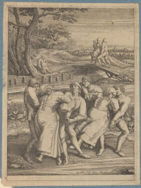 Three epileptic women each supported by two men. Engraving by H. Hondius the younger, 1642, after P. Brueghel.