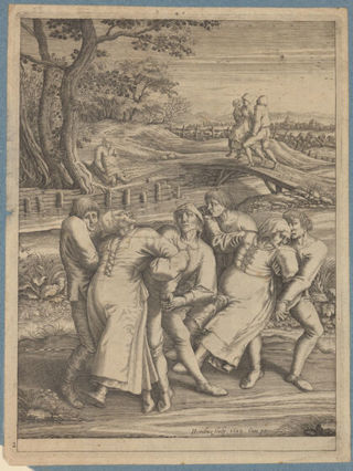 Three epileptic women each supported by two men. Engraving by H. Hondius the younger, 1642, after P. Brueghel.