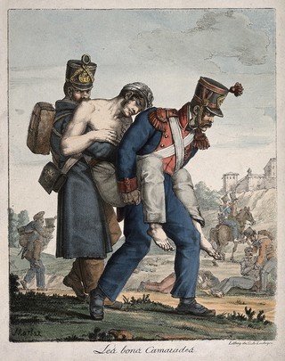 Two soldiers carrying a wounded comrade off the battlefield. Coloured lithograph by C. de Lasteyrie after J.H. Marlet, 1817.