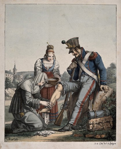 A wounded soldier having his foot dressed by a nun, while her assistant holds a bowl of water. Coloured lithograph by C. de Lasteyrie after J.H. Marlet, 1817.