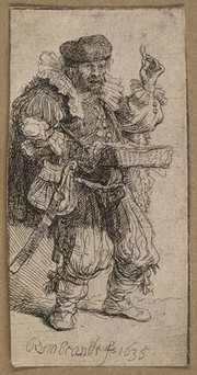 A travelling medicine vendor. Etching by Rembrandt van Rijn, 1635.