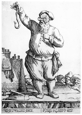 A medicine vendor selling antidotes to snake poison. Etching by G.M. Mitelli.