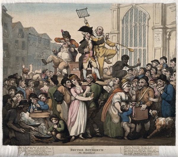 Doctor Botherum, an itinerant medicine vendor (perhaps based on Doctor Bossy) selling his wares on stage with the aid of assistants to a raucous crowd. Coloured etching by T. Rowlandson, 1800.