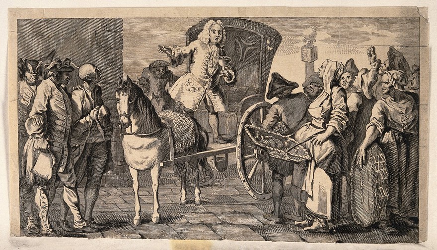 Doctor Rock, a medicine vendor, selling his wares from a horse-drawn carriage to a crowd. Engraving.