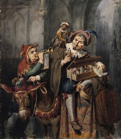An itinerant medicine vendor sitting on a donkey with his boxes of medicines, a monkey sits on his shoulder and a boy in a fool's costume blows a trumpet. Watercolour by M. Calisch.