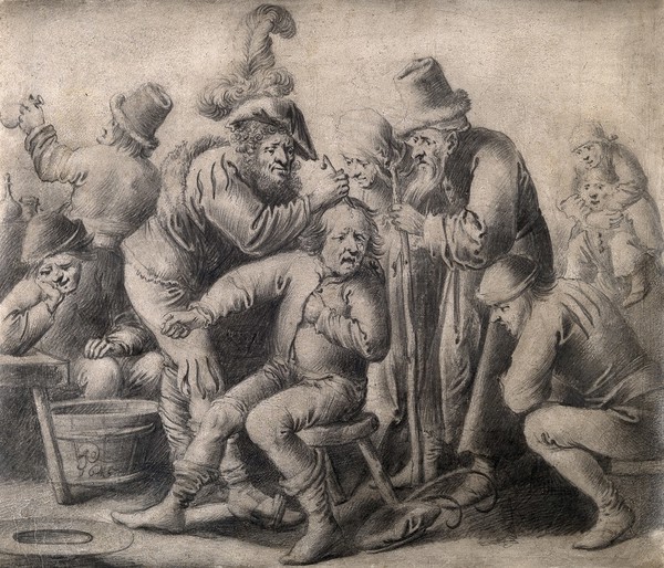 An itinerant surgeon extracting stones from a man's head; symbolising the expulsion of 'folly' (insanity), they are surrounded by a group of people. Pencil drawing by P. Quast, 1645.