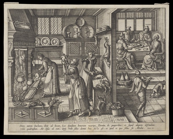 Christ feasts in Zacchaeus's well-stocked house. Etching by J.B. Vrints after P. van der Borcht.