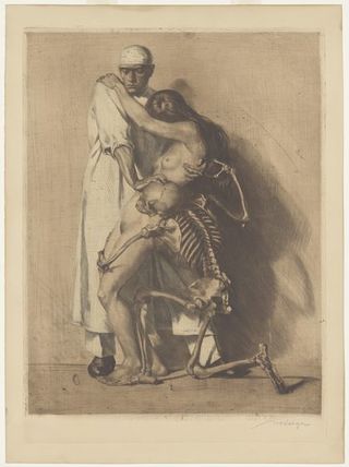 A surgeon holding a naked female patient while trying to push away death, represented as a skeleton. Soft-ground etching by I. Saliger.