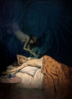 A giant claw pierces the breast of a sleeping naked woman, another naked woman swoops down and stabs the claw with a knife; representing the surgical treatment of breast cancer. Watercolour by R. Cooper.