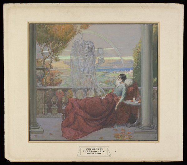 A sickly young woman sits covered up on a balcony; death (a ghostly skeleton clutching a scythe and an hourglass) is standing next to her; representing tuberculosis. Watercolour by R. Cooper, ca. 1912.