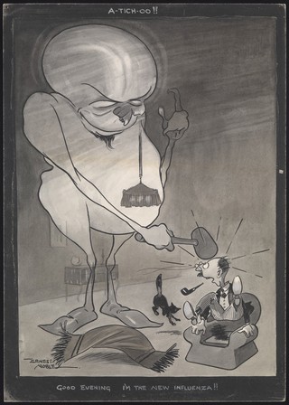 A monster representing an influenza virus hitting a man over the head as he sits in his armchair. Pen and ink drawing by E. Noble, c. 1918.