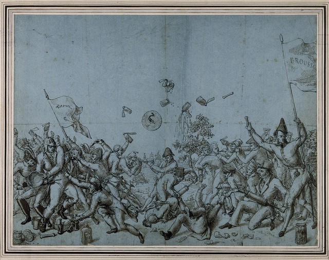 A fierce battle between the supporters of John Brown (Bruno), in favour of treatment with stimulants, and those of F.J.V. Broussais, in favour of bloodletting. Pen drawing.