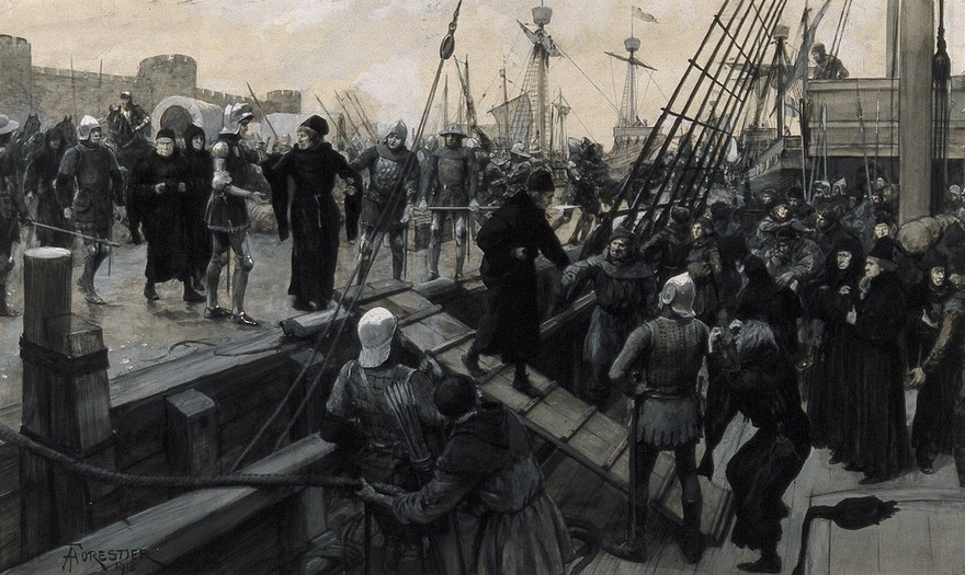 Hundred Years' War: surgeons and craftsmen of surgical instruments being forced to go with the English army as part of the 1415 invasion of France. Gouache painting by A. Forestier, 1913.