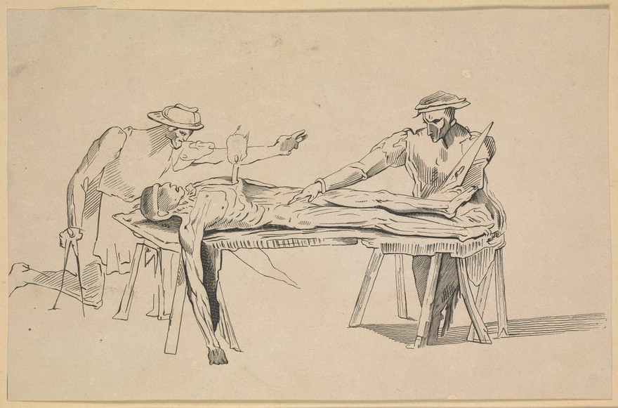Two men studying a corpse by the light of a candle stuck in its chest. Etching after a drawing attributed to Polidoro Caldara (Polidoro da Caravaggio).