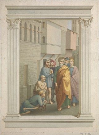 The sick and lame bend before the apostle Peter, hoping for cure. Coloured lithograph, 1863, after Masaccio.