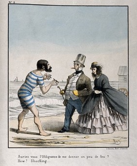 A bearded man in a bathing-costume requests a light fo rhis cigar from a fully-dressed British couple walking on the beach at Ostend: they are shocked. Coloured lithograph by A. Bry, c. 1850.
