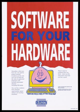 A penis with a condom appearing on a laptop computer to advocate the use of condoms as a protection against unplanned pregnancy and sexually transmitted diseases including AIDS. Colour lithograph, 1994.