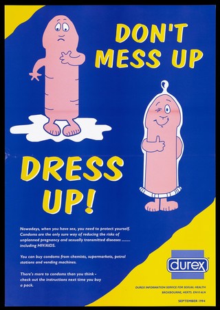 Two personified penises, one of them wearing a condom to show their value as a protection against unplanned pregnancy and sexually transmitted diseases including AIDS. Colour lithograph, 1994.