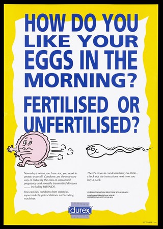 A spermatozoon chasing an egg, as an advertisement for condoms as a protection against unplanned pregnancy. Colour lithograph, 1994.
