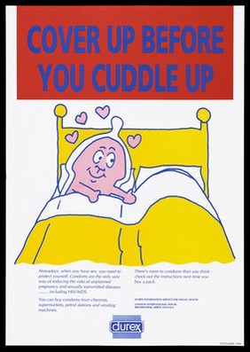 A personified penis wearing a condom in bed to illustrate the use of condoms as a protection against unplanned pregnancy and sexually transmitted diseases including AIDS. Colour lithograph, 1994.