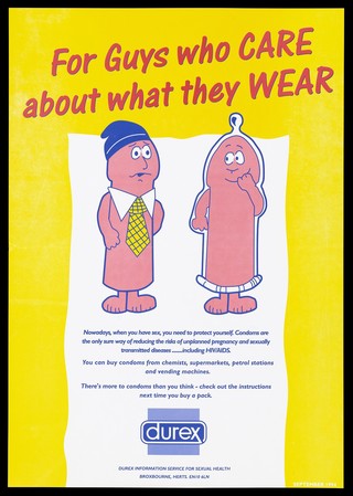 A personified penis wearing a condom and another wearing a nightcap, to illustrate the use of condoms as a protection against unplanned pregnancy and sexually transmitted diseases including AIDS. Colour lithograph, 1994.