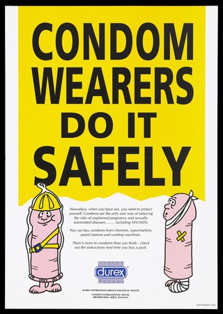 A personified penis wearing a condom and safety equipment and another, unprotected, with injuries bandaged up, to illustrate the use of condoms as a protection against unplanned pregnancy and sexually transmitted diseases including AIDS. Colour lithograph, 1994.