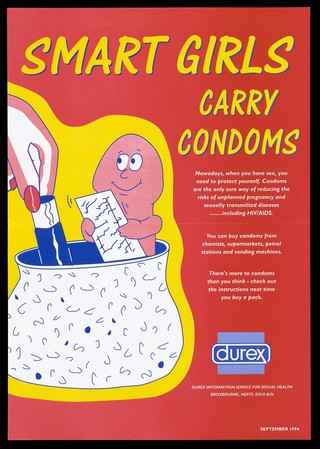A personified penis holding a condom in a cosmetic jar, to illustrate the use of condoms as a protection against unplanned pregnancy and sexually transmitted diseases including AIDS. Colour lithograph, 1994.