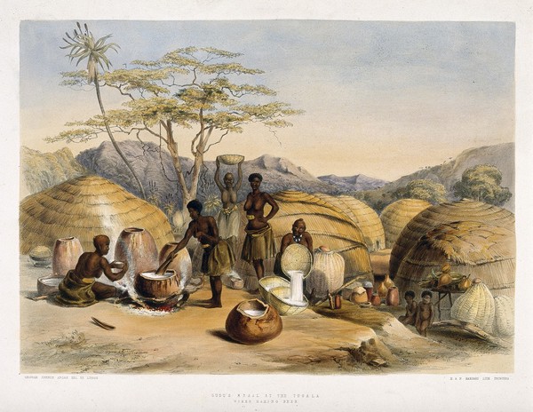 South Africa: Zulu women brewing beer. Coloured lithograph by G.F. Angas, 1849.