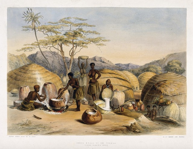 South Africa: Zulu women brewing beer. Coloured lithograph by G.F. Angas, 1849.