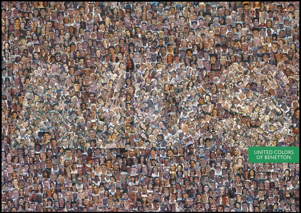 A crowd of faces of people from many countries forming the word "AIDS". Colour lithograph.