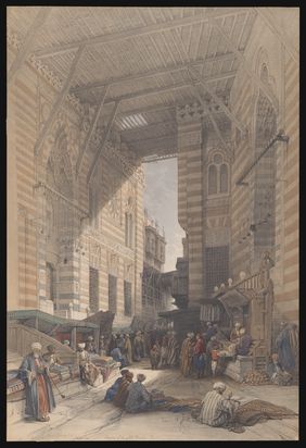 The bazaar of the silk mercers in Cairo with a man smoking a long-stemmed pipe. Coloured lithograph by L. Haghe, c. 1848, after D. Roberts.