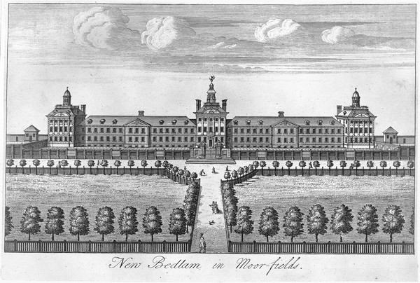 The Hospital of Bethlem [Bedlam] at Moorfields, London: seen from the north, with people walking in the foreground. Engraving.
