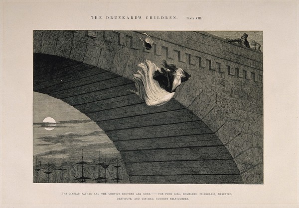 A destitute girl throws herself from a bridge, her life ruined by alcoholism. Etching by G. Cruikshank, 1848.
