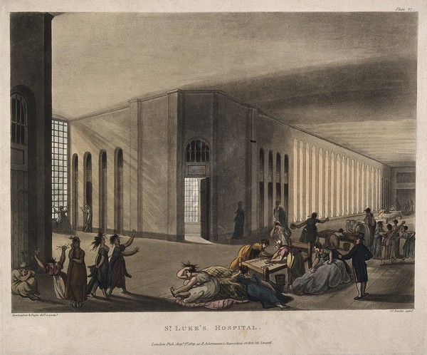 St Luke's Hospital, Cripplegate, London: the interior of the women's ward, with many inmates and a member of staff. Coloured aquatint by J.C. Stadler after A.C. Pugin and T. Rowlandson, 1809.