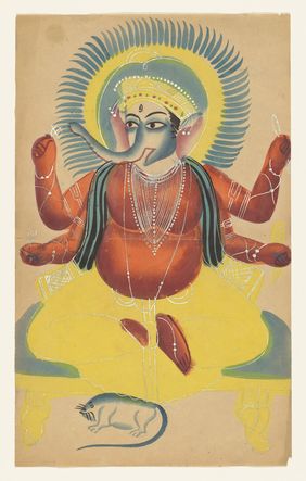 Ganesha with rat, his transport. Watercolour drawing.