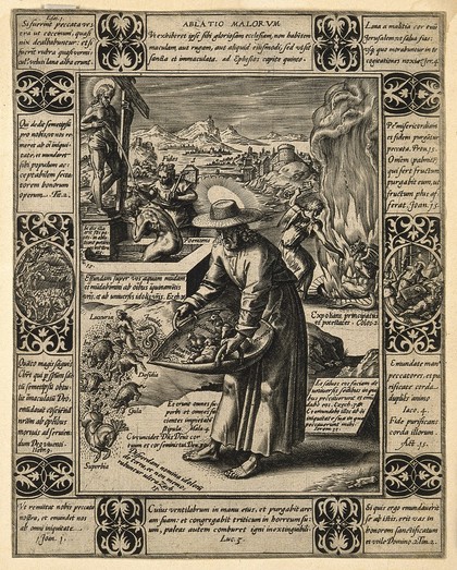 Christ winnowing evil from the human heart; a penitent bathing in the blood and water from Christ's side; an angel locking a dragon in hell. Engraving by H. Goltzius, 1578.