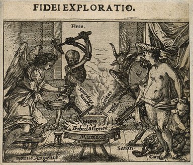 The soul being refined like metal in a crucible by an angel, Satan, Venus and Death; representing a test of faith. Etching by C. Murer, ca. 1600-1614.