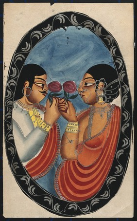 Two lovers, or a man with a courtesan, holding roses, within an oval frame. Watercolour drawing.