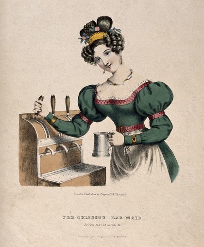 An obliging barmaid drawing beer. Coloured lithograph, ca. 1833.