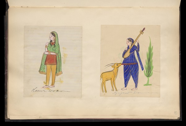 Page 29: two portraits of women in their national costume. Watercolour drawing.