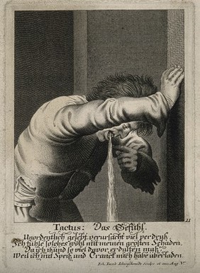 A man vomiting after overeating and drinking; representing the sense of touch. Engraving by J.J. Kleinschmidt after Jan van de Velde the younger.