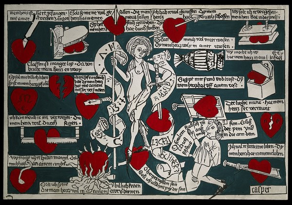 Venus standing on a heart, holding a sword that passes through another heart; a suppliant kneels before her; around them are various hearts, pierced with an arrow, aflame, sawn, stabbed, broken, in a vice, etc. Coloured photograph by E. Charles, 1967, after Meister Casper, ca. 1470.