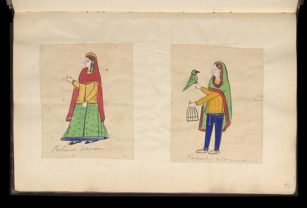 Page 159: two images of women in their traditional costume. Watercolour drawing.